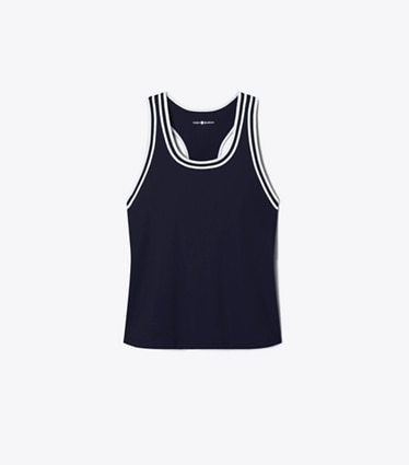 Tory Sport designer tops Performance Jersey Racerback Tennis Tank in Deep Navy / Snow White front