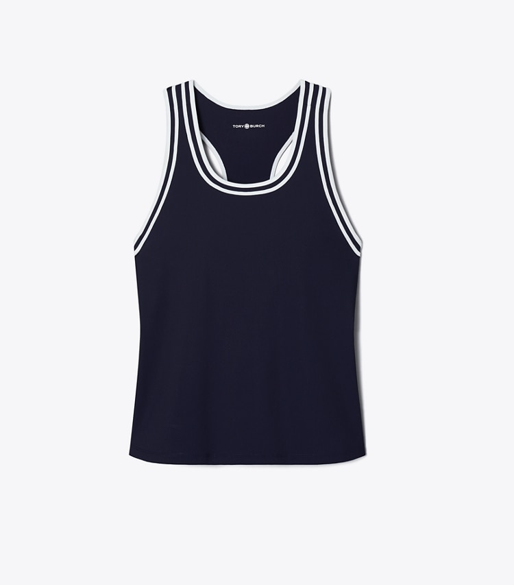 Tory Sport designer tops Performance Jersey Racerback Tennis Tank in Deep Navy / Snow White front