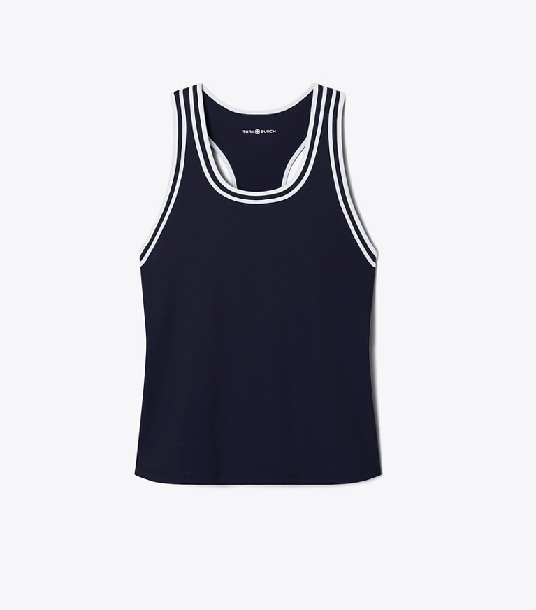 Tory Sport designer tops Performance Jersey Racerback Tennis Tank in Deep Navy / Snow White front