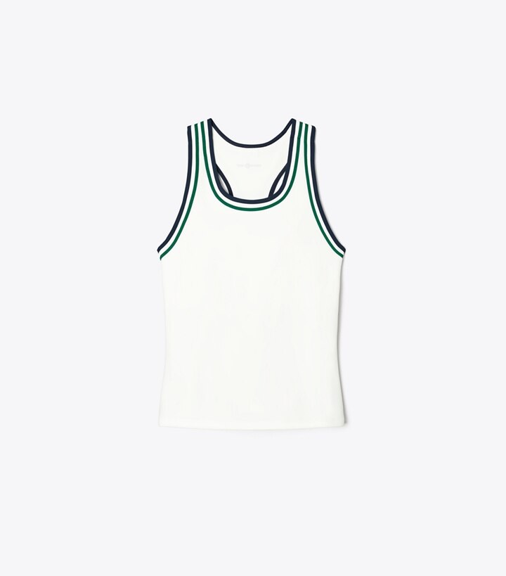 Tory Sport designer tops Performance Jersey Racerback Tennis Tank in Snow White / Evergreen front