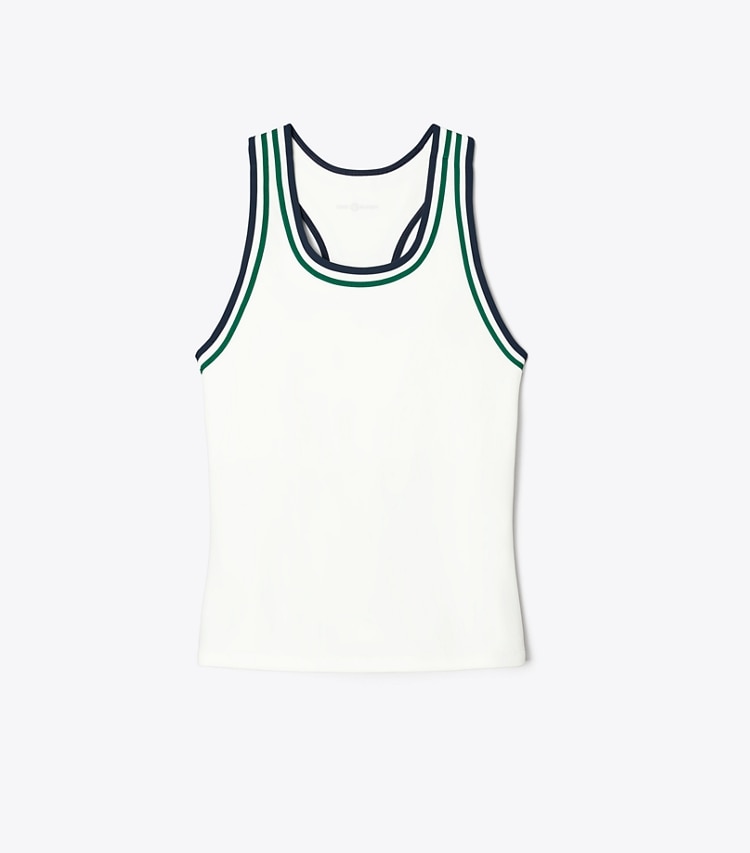Tory Sport designer tops Performance Jersey Racerback Tennis Tank in Snow White / Evergreen front