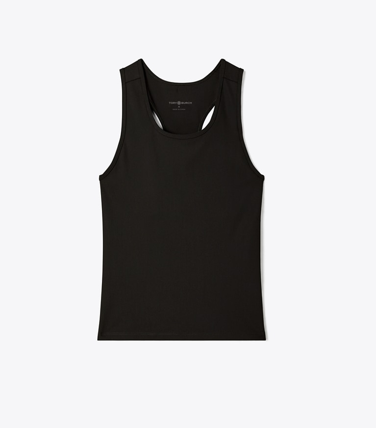 Tory Sport designer tops Performance Jersey Racerback Tennis Tank in Black front