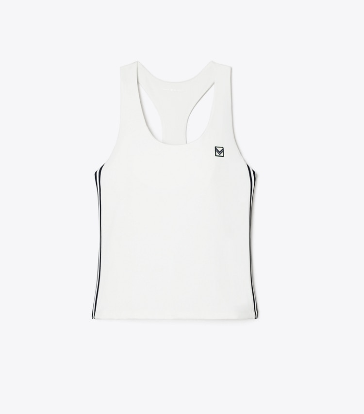 Tory Sport designer tops Performance Jersey Racerback Tennis Tank in Snow White / Tory Navy front