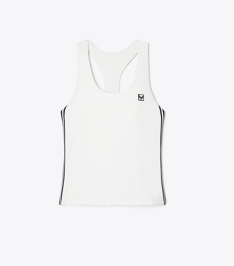 Tory Sport designer tops Performance Jersey Racerback Tennis Tank in Snow White / Tory Navy front