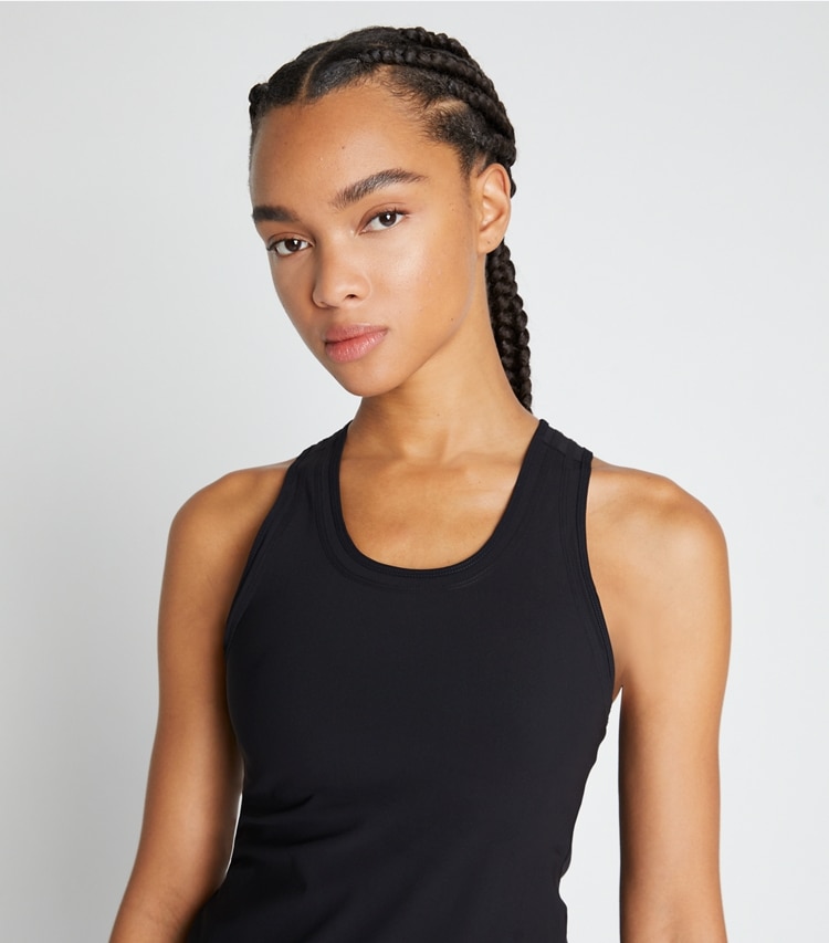 Tory Sport designer tops Performance Jersey Racerback Tennis Tank in Black on model detail