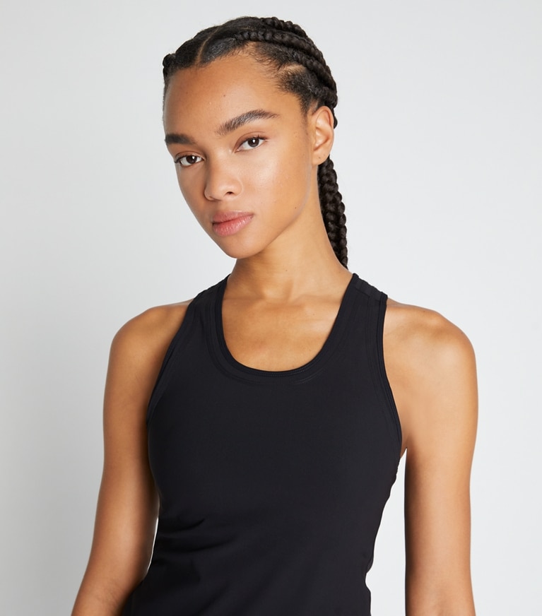 Tory Sport designer tops Performance Jersey Racerback Tennis Tank in Black front