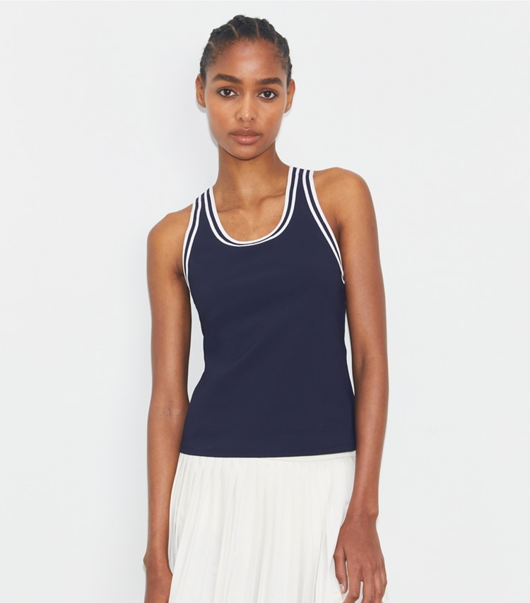 Tory Sport designer tops Performance Jersey Racerback Tennis Tank in Deep Navy / Snow White on model detail