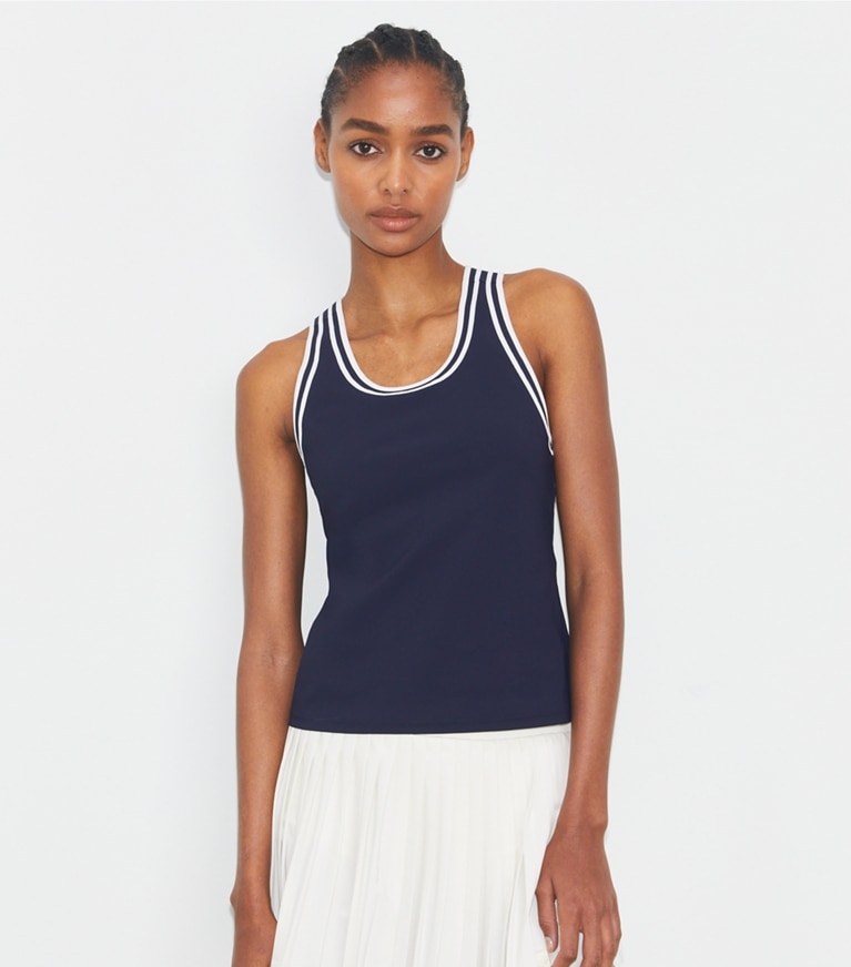 Tory Sport designer tops Performance Jersey Racerback Tennis Tank in Deep Navy / Snow White front