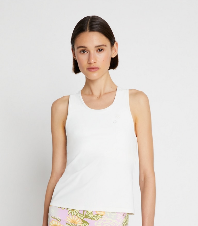 Tory Sport designer tops Performance Jersey Racerback Tennis Tank in Snow White front