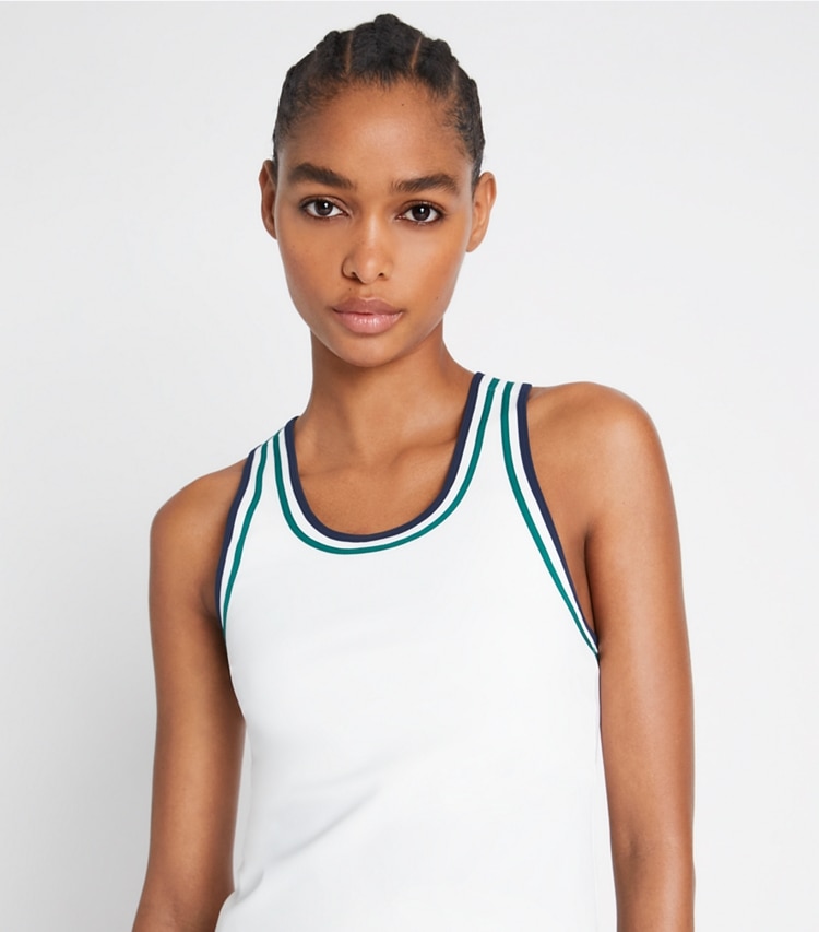 Tory Sport designer tops Performance Jersey Racerback Tennis Tank in Snow White / Evergreen on model detail