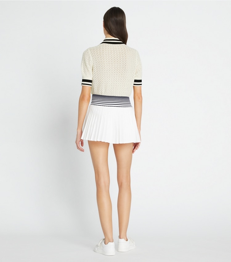 Tory Sport designer bottoms Performance Jersey Tennis Skirt in Snow White / Tory Navy on model back