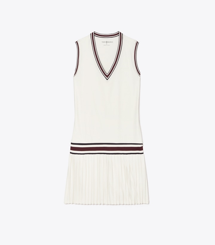 Tory Sport designer dresses Performance Jersey V-Neck Tennis Dress in Snow White front