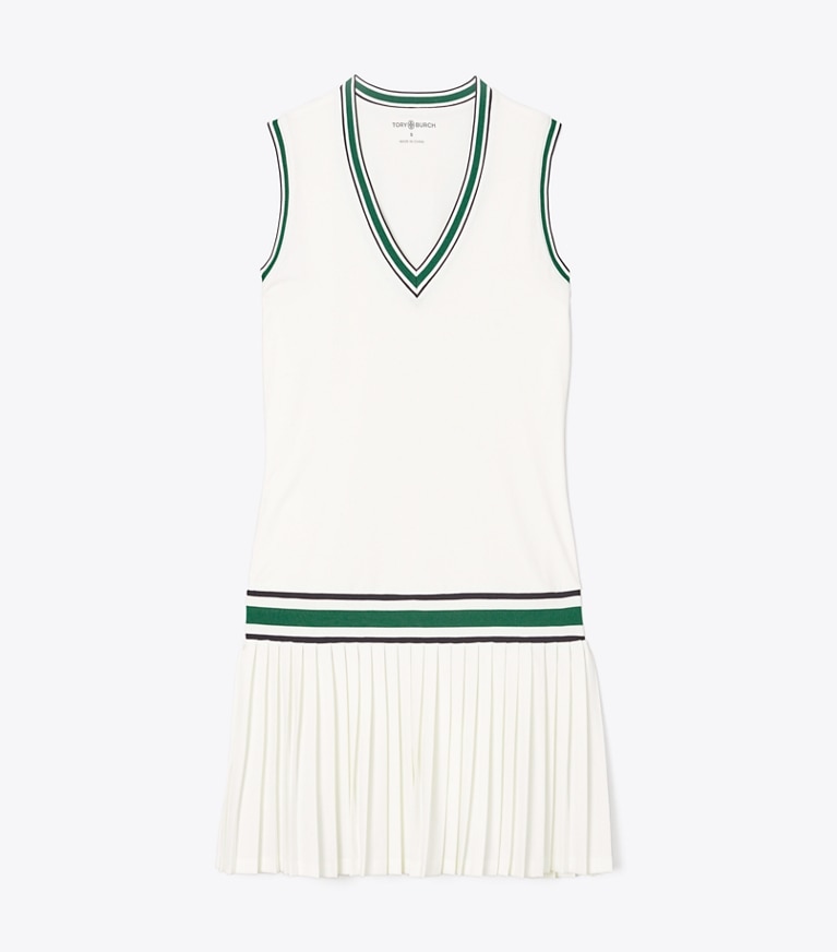 Tory Sport designer dresses Performance Jersey V-Neck Tennis Dress in Snow White / Evergreen front