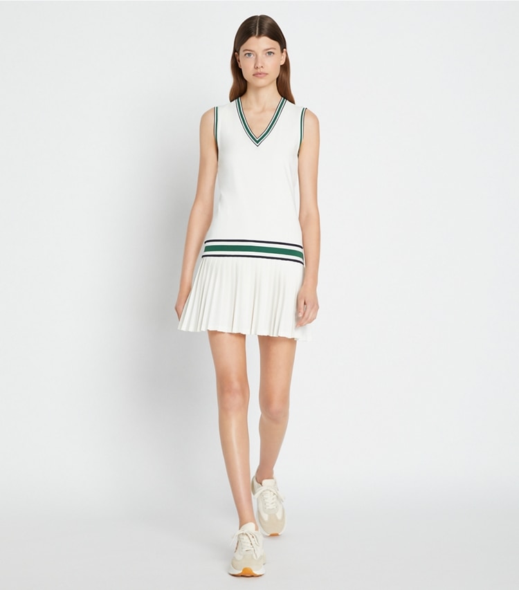 Tory Sport designer dresses Performance Jersey V-Neck Tennis Dress in Snow White / Evergreen on model front