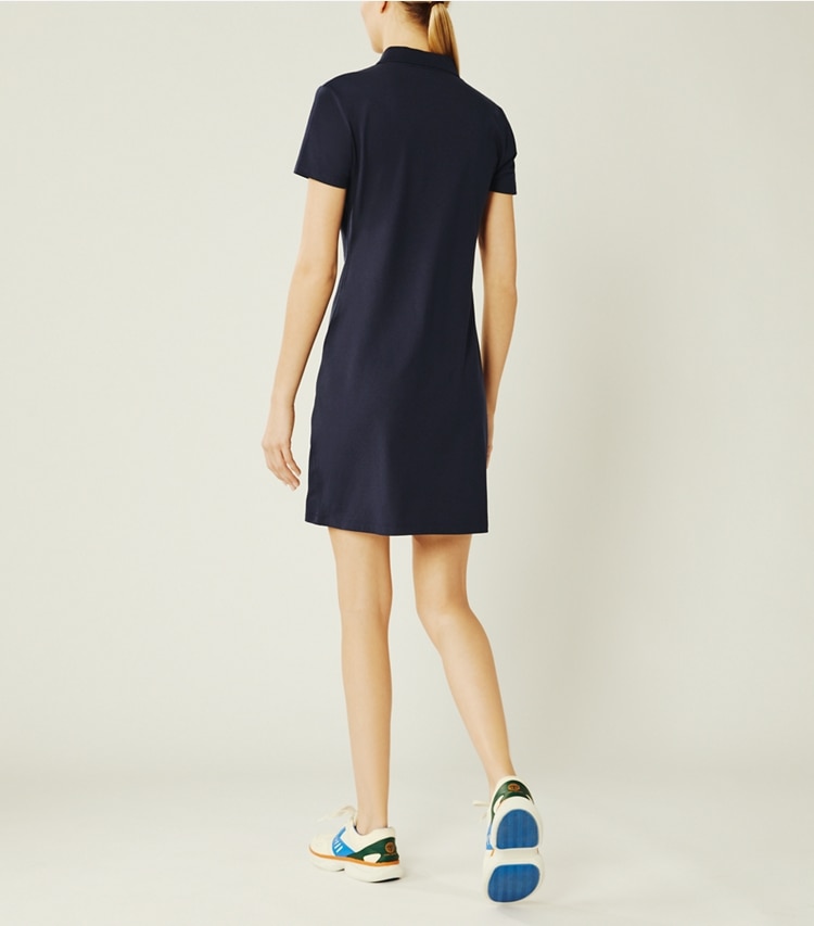 Tory Sport designer dresses Performance Piqué Chevron Polo Dress in Tory Navy/Surf Blue on model back