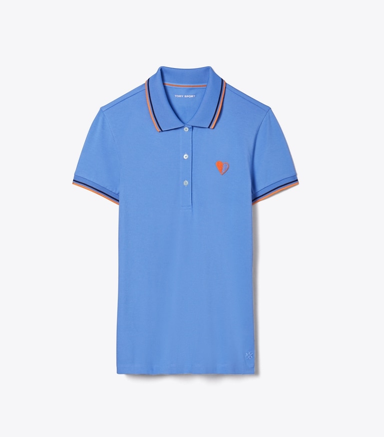 Tory Burch designer tops Performance Piqué Heart Polo in Sunny Blue front