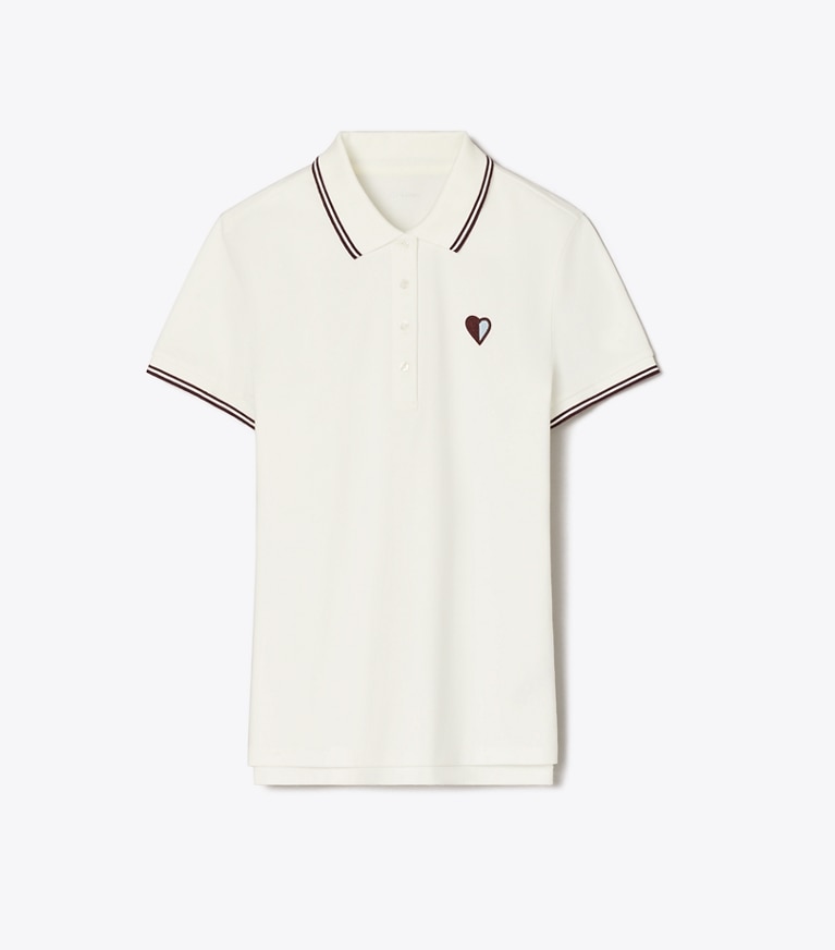 Tory Sport designer トップス パフォーマンス ピケ ハート ポロシャツ in Snow White / Dark Merlot front