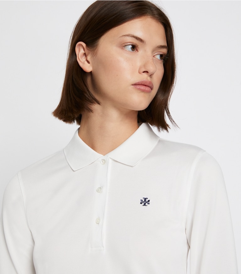 Tory Sport designer tops Performance Piqué Long-Sleeve Polo in Snow White front
