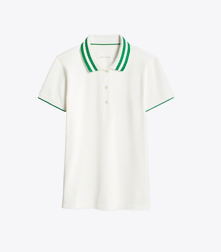 Tory Sport designer tops Performance Piqué Pleated-Collar Polo in Snow White/Vineyard front