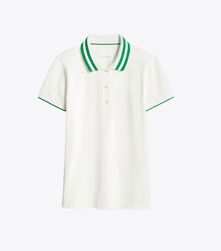 Tory Sport designer tops Performance Piqué Pleated-Collar Polo in Snow White/Vineyard front