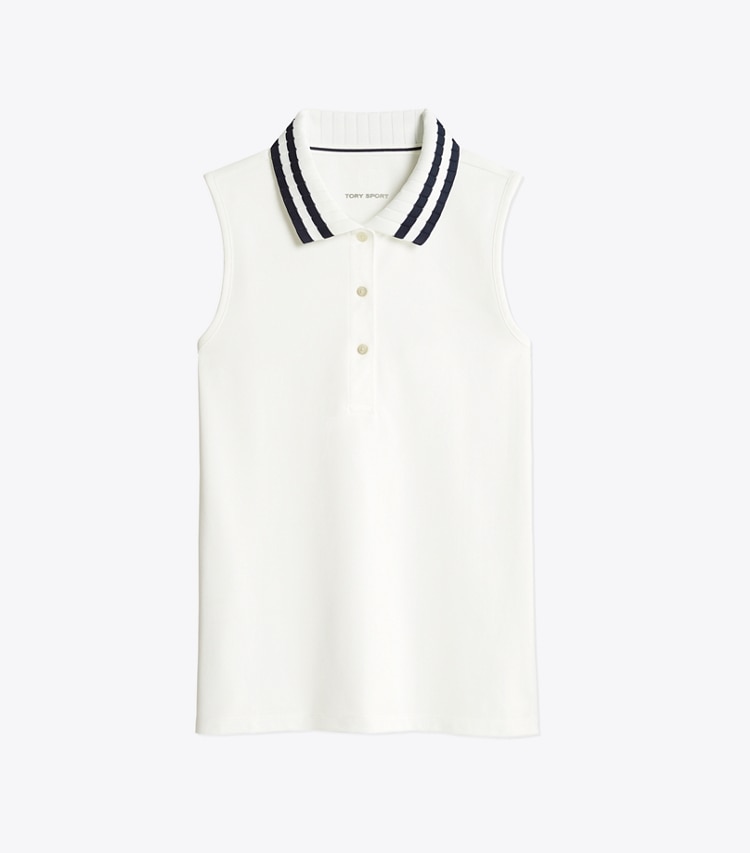 Tory Sport designer tops Performance Piqué Pleated-Collar Sleeveless Polo in Snow White front