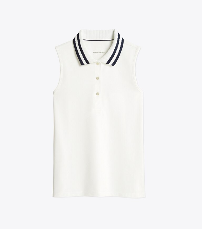 Tory Sport designer tops Performance Piqué Pleated-Collar Sleeveless Polo in Snow White front