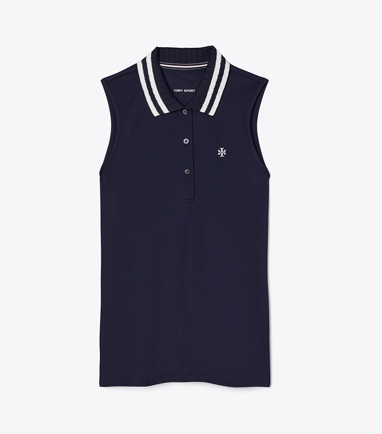 Tory Sport designer tops Performance Piqué Pleated Collar Sleeveless Polo in Tory Navy/Snow White front
