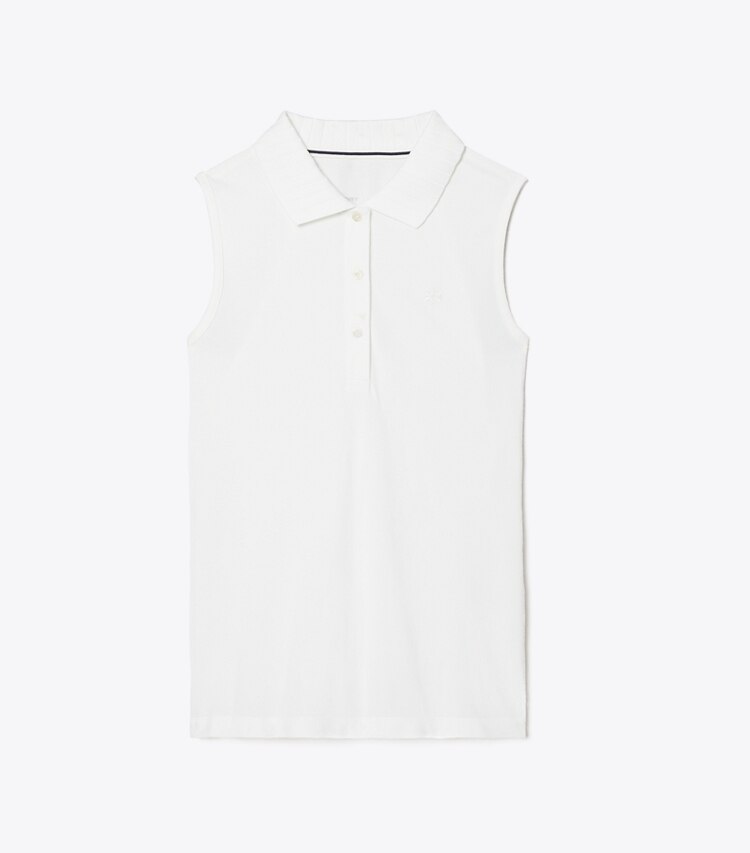 Tory Sport designer tops Performance Piqué Pleated Collar Sleeveless Polo in Snow White / Snow White front