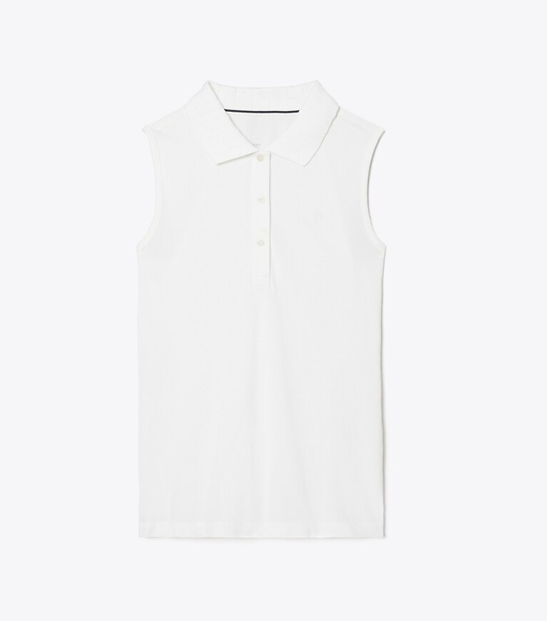 Tory Sport designer tops Performance Piqué Pleated Collar Sleeveless Polo in Snow White / Snow White front