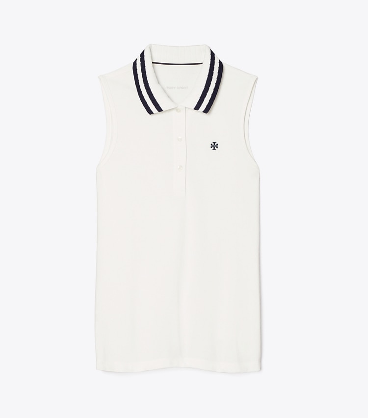 Tory Sport designer tops Performance Piqué Pleated Collar Sleeveless Polo in Snow White/Tory Navy front