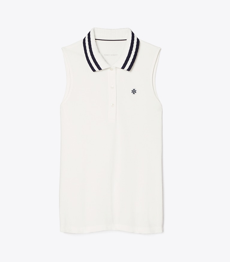 Tory Sport designer tops Performance Piqué Pleated Collar Sleeveless Polo in Snow White/Tory Navy front