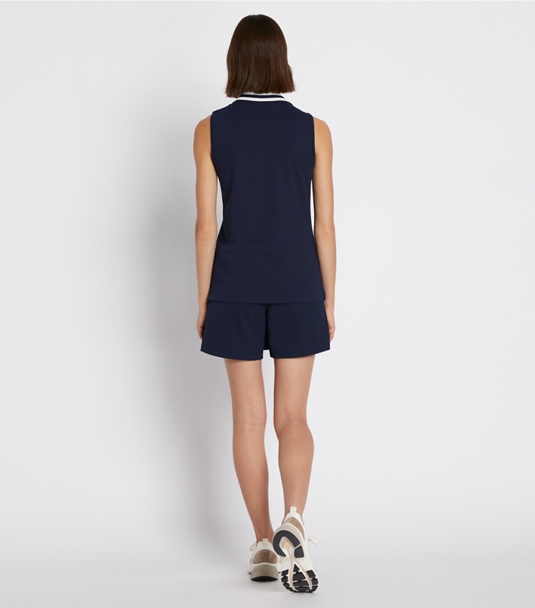 Tory Sport designer tops Performance Piqué Pleated Collar Sleeveless Polo in Tory Navy/Snow White front