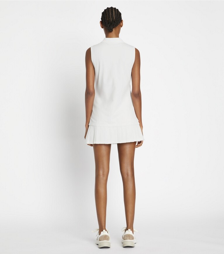 Tory Sport designer tops Performance Piqué Pleated Collar Sleeveless Polo in Snow White / Snow White front