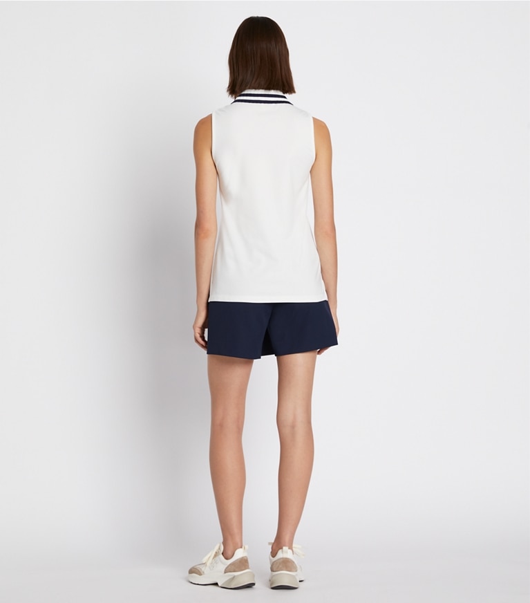 Tory Sport designer tops Performance Piqué Pleated Collar Sleeveless Polo in Snow White/Tory Navy front
