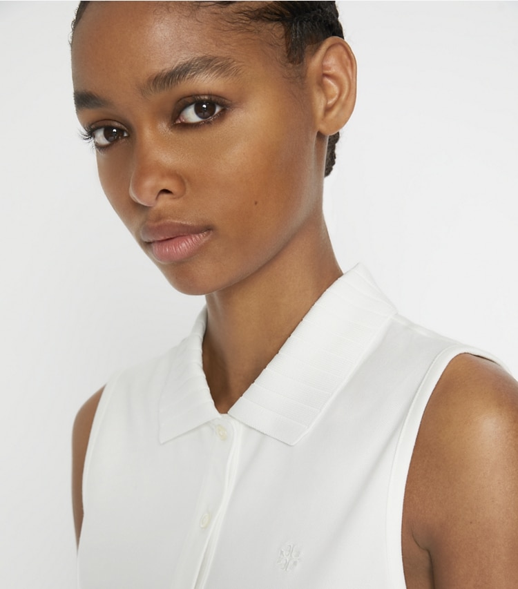 Tory Sport designer tops Performance Piqué Pleated Collar Sleeveless Polo in Snow White / Snow White on model detail
