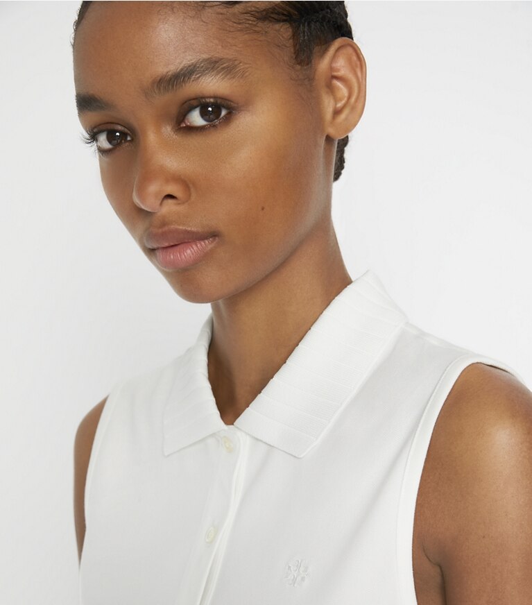 Tory Sport designer tops Performance Piqué Pleated Collar Sleeveless Polo in Snow White / Snow White front