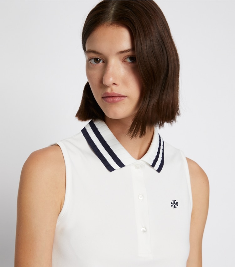 Tory Sport designer tops Performance Piqué Pleated Collar Sleeveless Polo in Snow White/Tory Navy on model detail