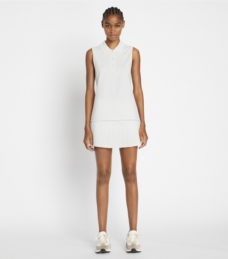 Tory Sport designer tops Performance Piqué Pleated Collar Sleeveless Polo in Snow White / Snow White front