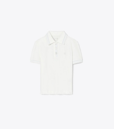 Tory Sport designer tops Performance Piqué Polo in Snow White / Light Blue front