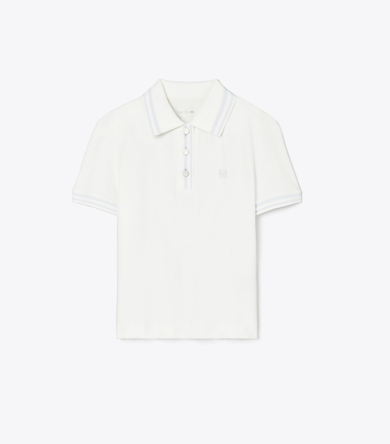 Tory Sport designer トップス パフォーマンス ピケ ポロシャツ in Snow White / Light Blue front