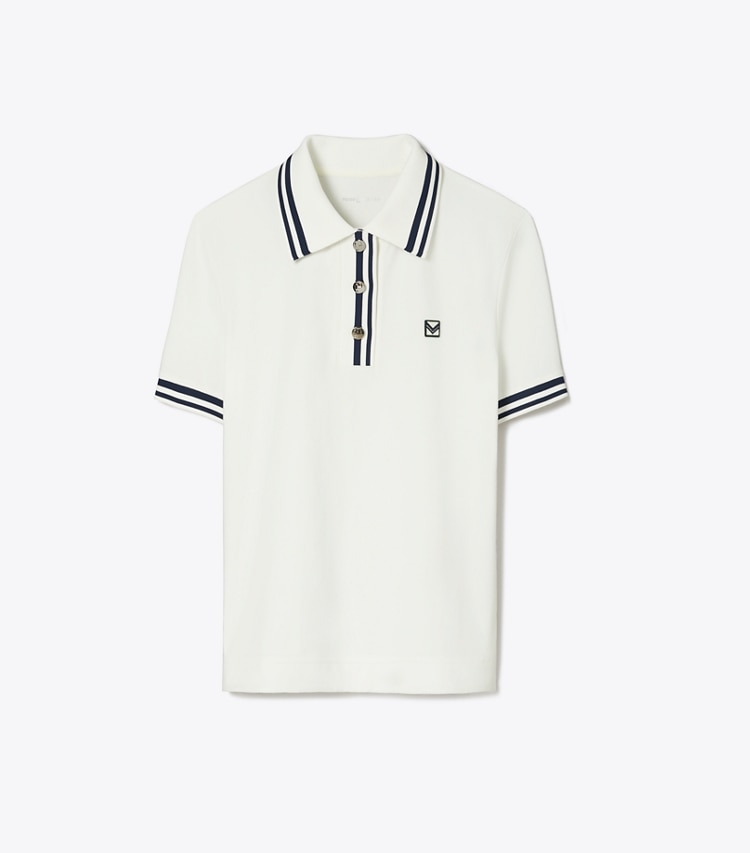 Tory Sport designer tops Performance Piqué Polo in Snow White / Tory Navy front