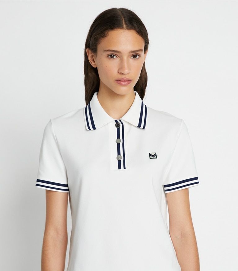 Tory Sport designer tops Performance Piqué Polo in Snow White / Tory Navy front