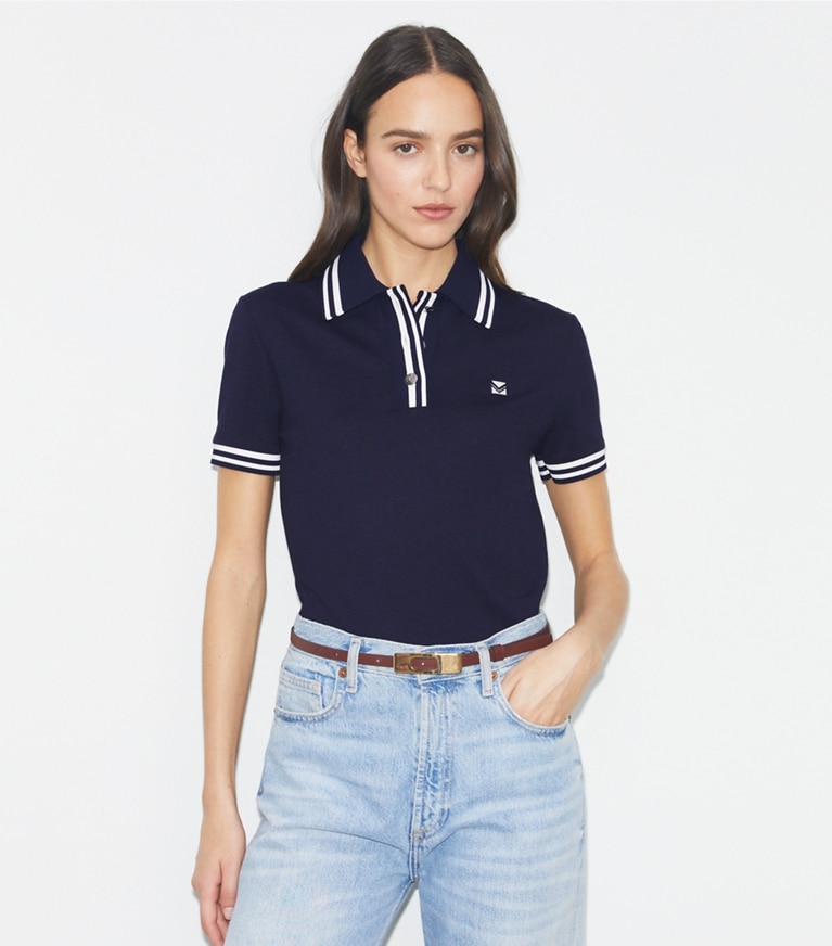 Tory Sport designer トップス パフォーマンス ピケ ポロシャツ in Deep Navy / Snow White front
