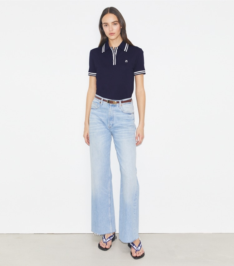 Tory Sport designer トップス パフォーマンス ピケ ポロシャツ in Deep Navy / Snow White モデル前面