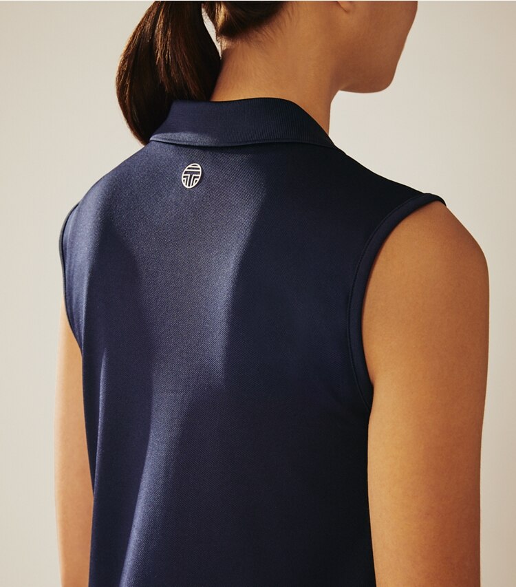 Tory Sport designer tops Performance Piqué Sleeveless Polo in Tory Navy on model detail