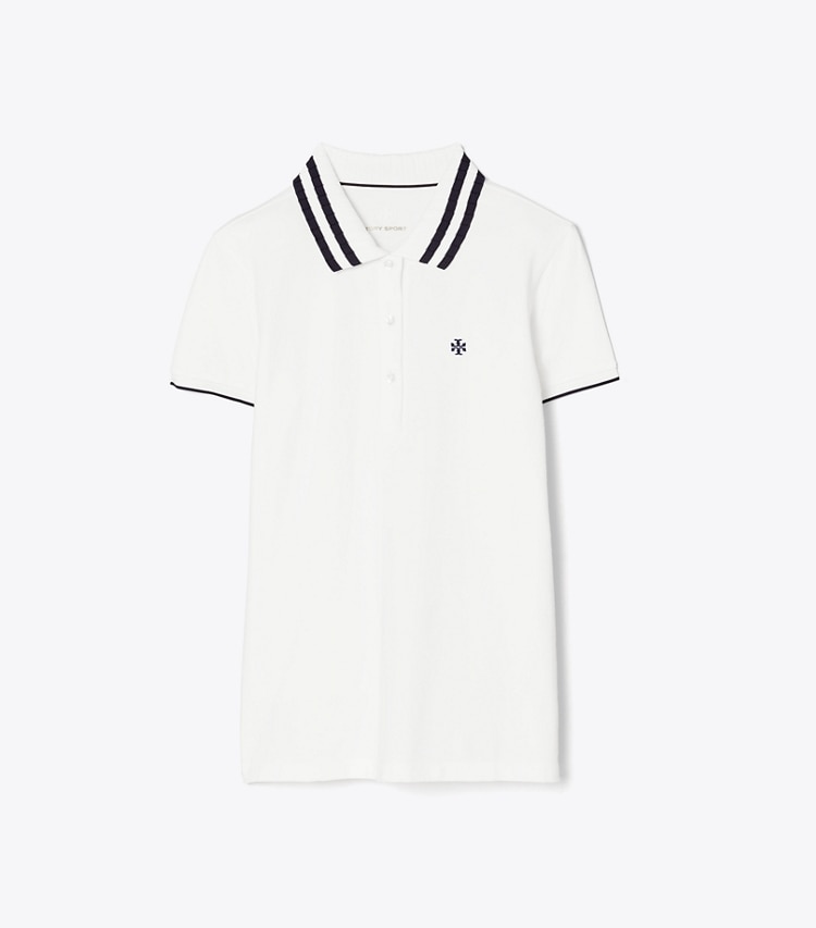Tory Sport designer oberteile Performance-Poloshirt aus Piqué mit Plisseekragen in Snow White/Tory Navy front
