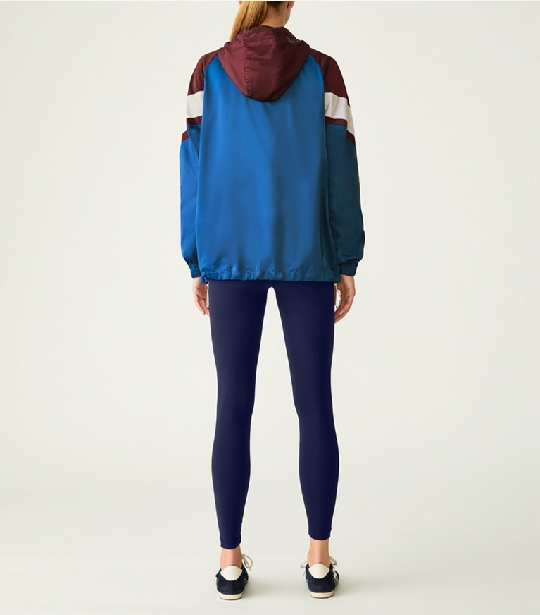 Tory Sport designer jackets Performance Satin Chevron Running Jacket in Winetasting / Blue Wash front