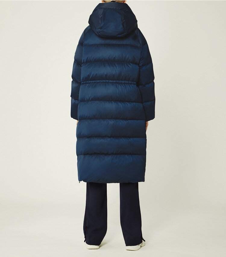 Tory Burch designer coats Performance Satin Down Long Coat in Tory Navy on model back
