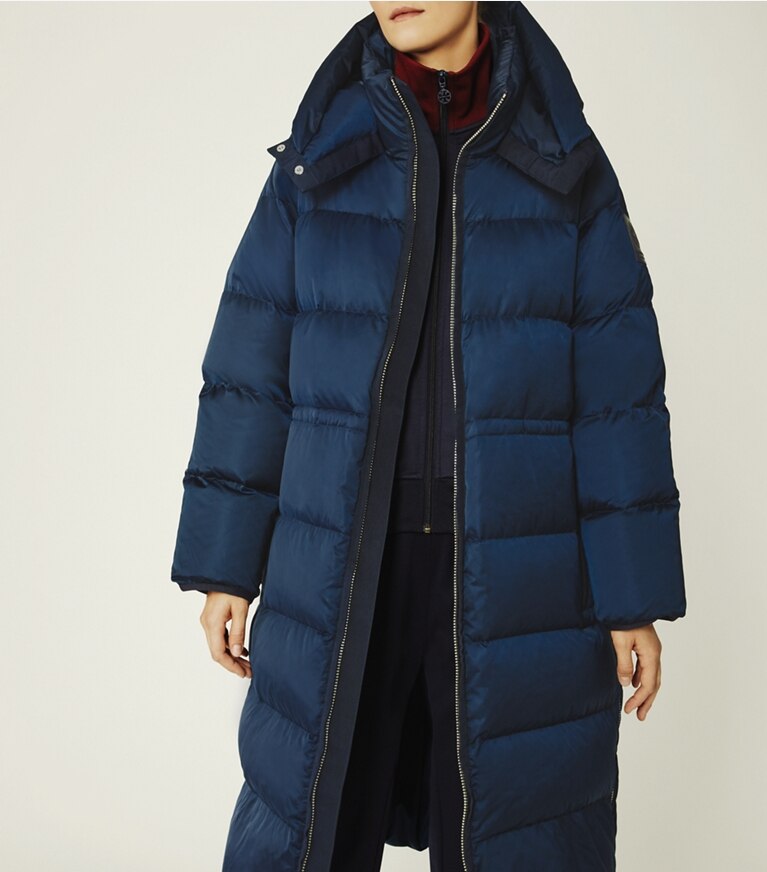Tory Burch designer coats Performance Satin Down Long Coat in Tory Navy front
