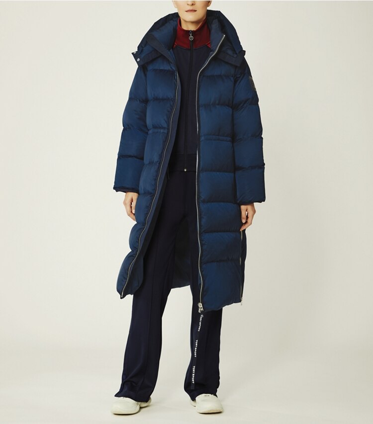Tory Burch designer coats Performance Satin Down Long Coat in Tory Navy on model front